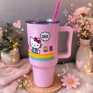 Hello Kitty Spring Stainless Steel Tumbler with Handle and Straw, 40 Ounces